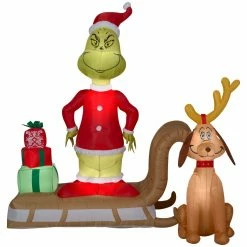 Gemmy Airblown Grinch and Max on Sled Christmas Inflatable Decor, G-111796