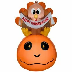 Gemmy Airblown Inflatable Harvest Turkey and Pumpkin with Banner Scene
